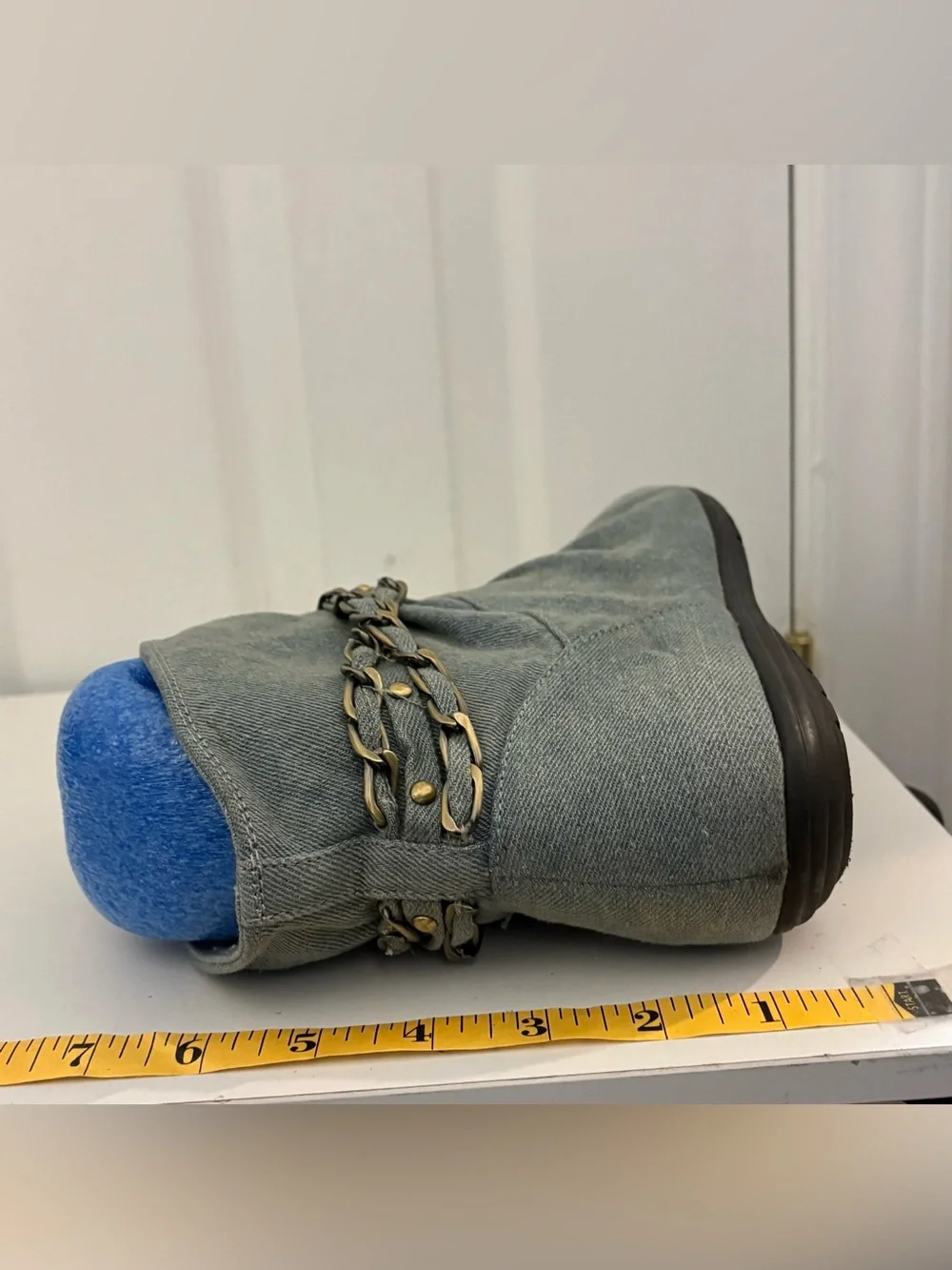 Vintage REPORT Ruched Light Wash Denim Ankle Booties with Chain Accents